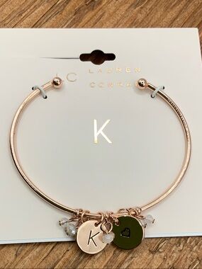 LC Lauren Conrad Rose Gold Initial "K" Charm with Heart Disc Bracelet